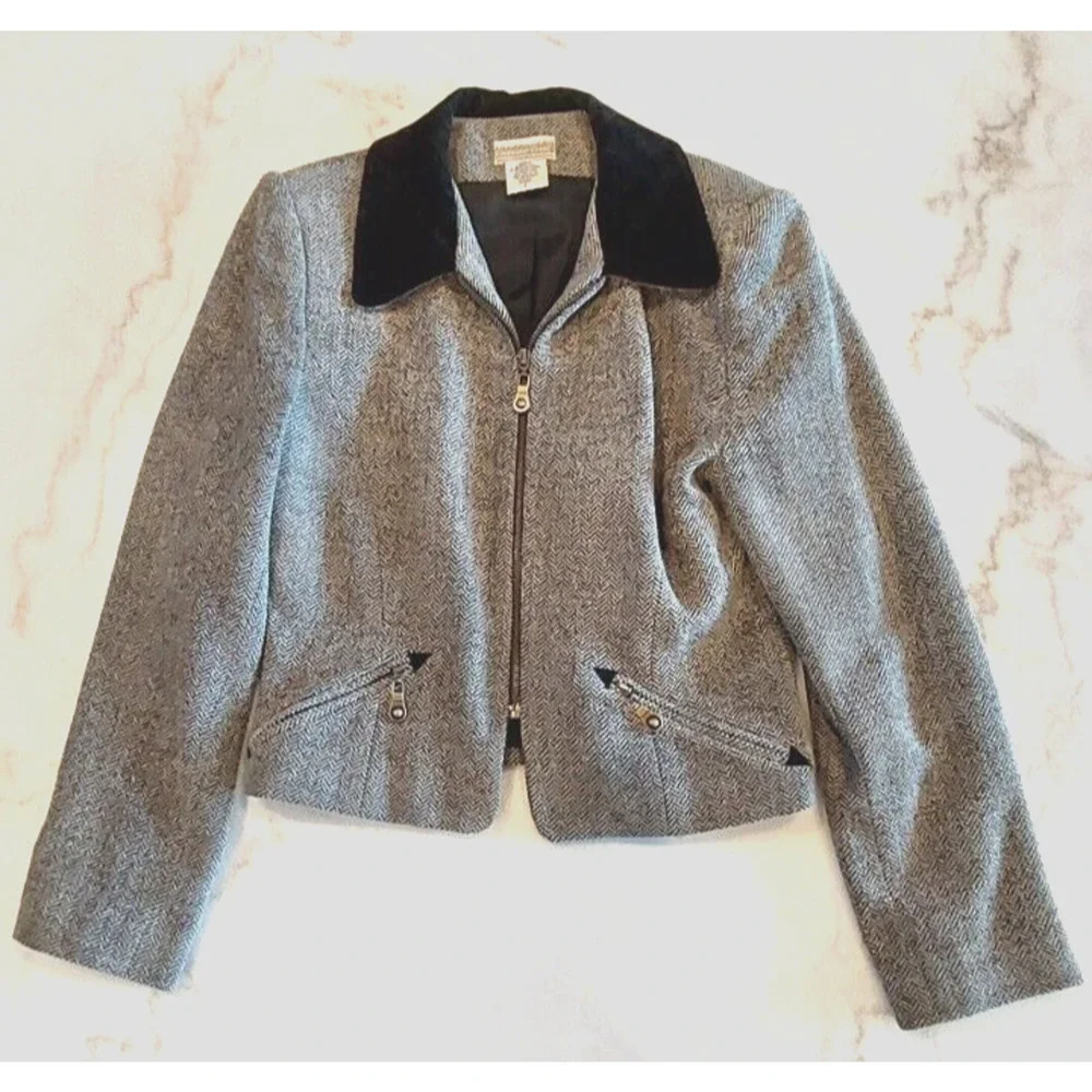 VTG‎ Coldwater Creek Herringbone Black Suede Trimmed Jacket Size 8